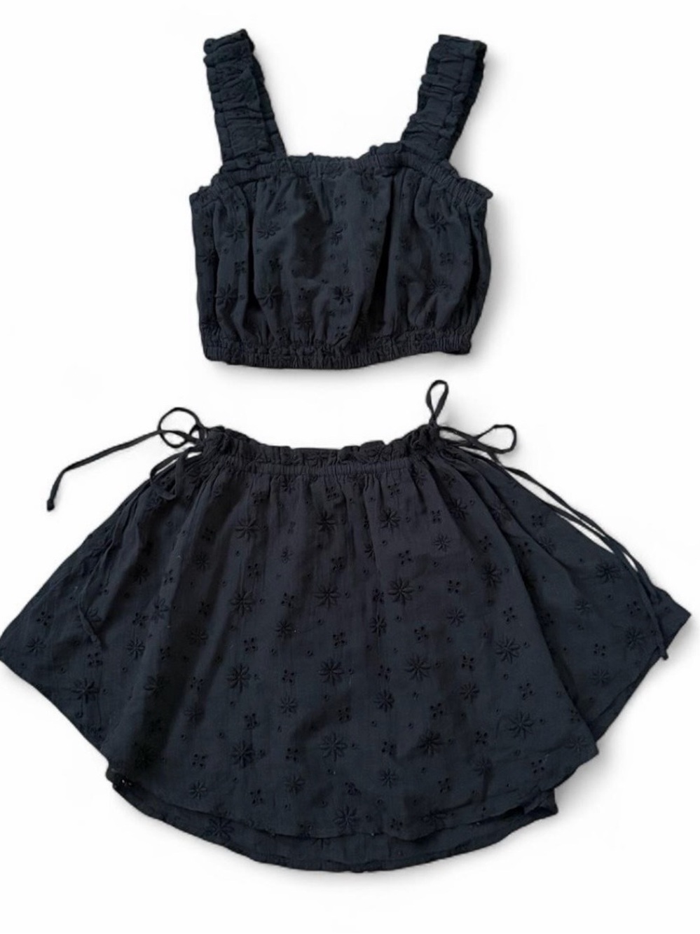Aerie black bohemian floral embroidered shirt & skirt 2 piece set